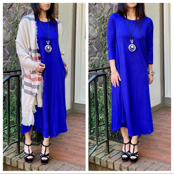 Chic Royal blue viscose side pocket swing dress - Picture 6 of 11